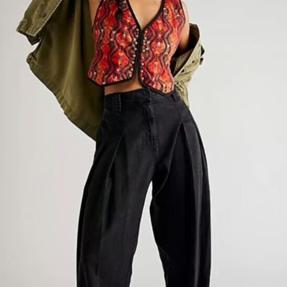Free People "One Chance" Pleated Black/Gray Wide Leg Trousers